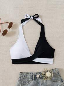 SHEIN Swim 女士拼色简约风格日常穿着比基尼上衣夏季 - 彩色 - 查看 7