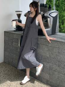 DAZY 女式夏季纯色吊带连衣裙，带纽扣和侧袋，太阳裙，休闲女装 - 灰色 - 查看 5