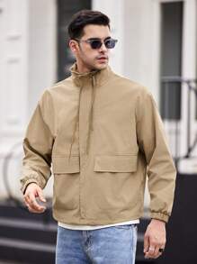 Manfinity VCAY Men's Loose Woven Stand Collar Open Front Jacket, Autumn - Khaki - View 3