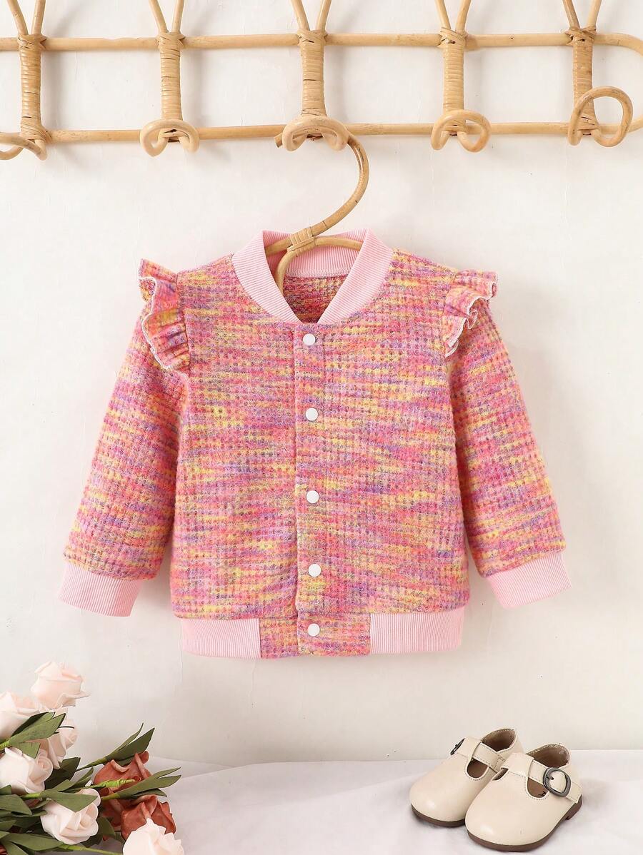 Toddler Girls' Pink Multi-Color Cap Sleeve Knit Texture Casual Sports Jacket For Fall - Multicolor - View 1