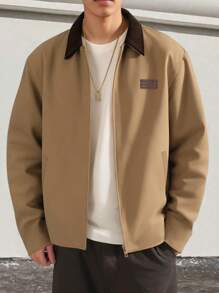 Manfinity Homme Men's Corduroy Collar Contrast Color Pocket Front Button And Zipper Closure Jacket, Daily Casual - Khaki - View 3