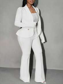 SHEIN SXY Plus Size Solid Color Button Front Shirt And Pants Suit Set, Minimalist In Fall/Winter - White - View 5