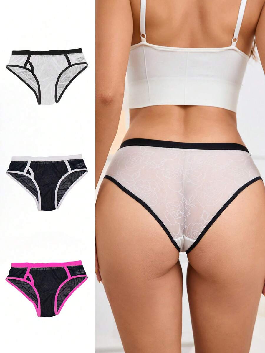 3pcs Women's Mid Rise Contrast Trim Triangle Panties - Multicolor - View 1