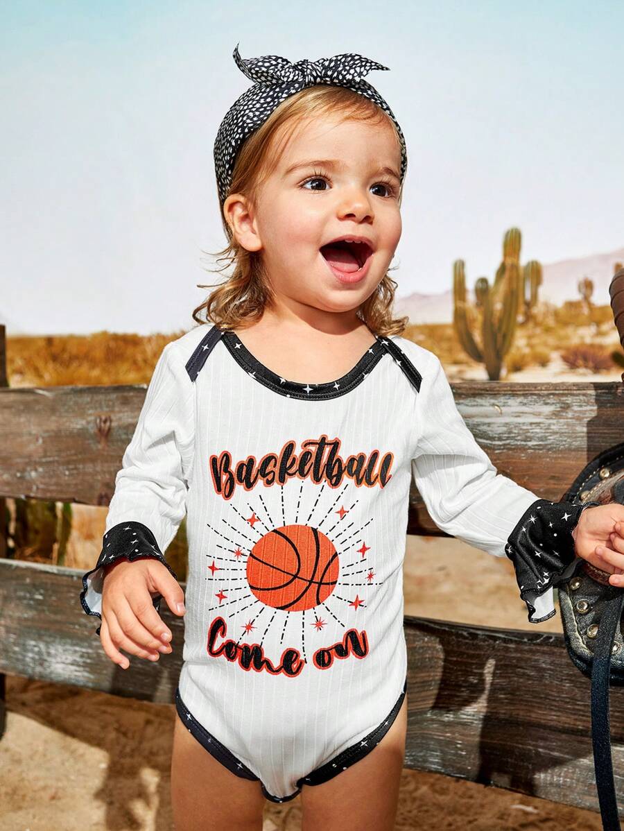 SHEIN Basketball Letter Printed Long Sleeve Bodysuit For Baby Girl, Spring/Autumn - Black and White - View 1