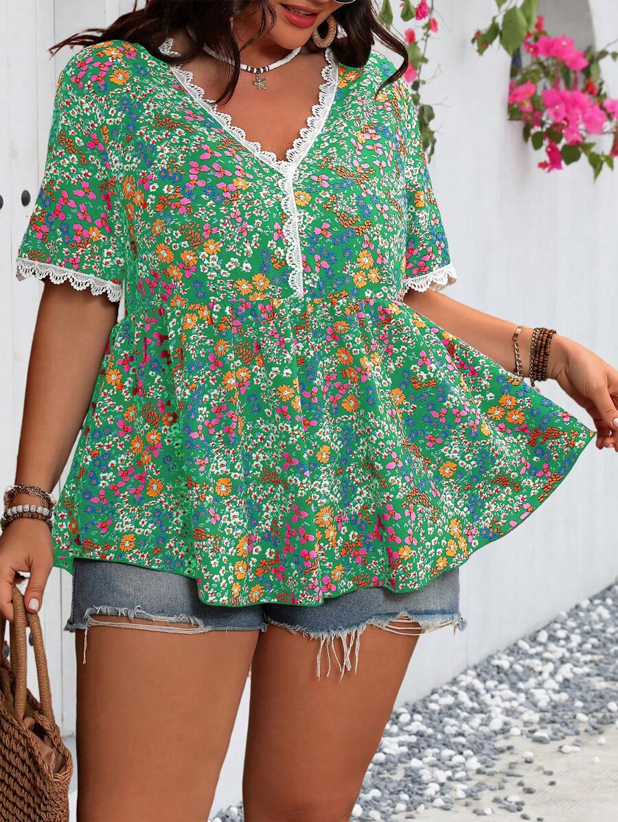 Flirla Camisa casual diaria de talla grande para mujer con estampado aleatorio