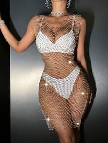 V-Neck Short Sleeve Rhinestone Decor Sheer Sexy Mini Dress - Gold - View 6