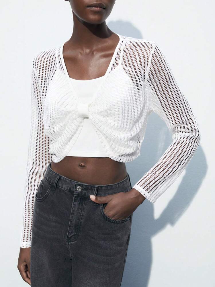 SHEIN Maija 2 pièces Débardeur uni de style campagnard et top court à manches longues avec décoration torsadée en maille pour femmes