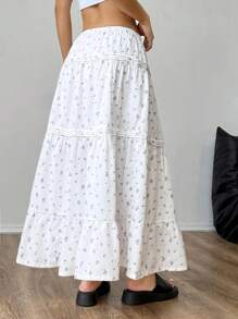 SHEIN EZwear 碎花抽绳荷叶边下摆女式半身裙