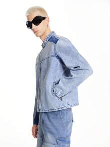 Chillumni Men's Light Blue Denim Motorcycle Jacket - Light Wash - View 5