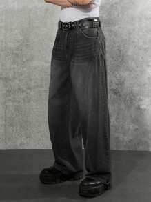 Manfinity Denimwave Jeans holgados de pierna ancha de color gris oscuro, jeans cargo negros lavados llanos largos para regalos de esposo o novio