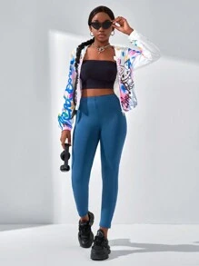 SHEIN Explorewe 少女2入組街頭風格休閒塗鴉字母貓咪印花帽衫外套和緊身褲 - 彩色 - 查看 5