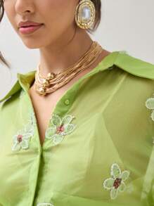 COSMINA Women's Loose Fit Spring/Summer Gold Thread Sequins Intricate Embroidery Floral Drop Shoulder Long Sleeve Fashion Shirt