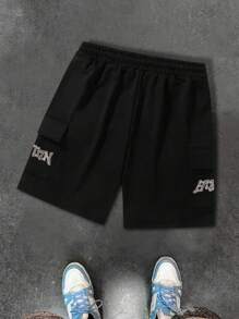 Manfinity LEGND 男士字母印花束口口袋短褲，日常休閒穿著 - 黑色 - 查看 2