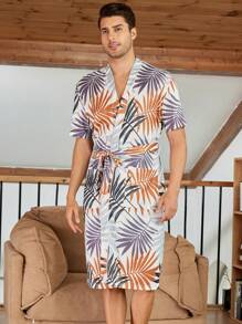 男士隨機印花簡約風系帶浴袍，適用於日常穿著 - 彩色 - 查看 3