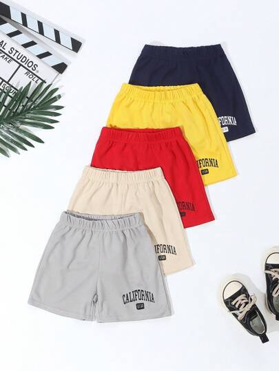SHEIN BOY休閒運動街頭風可愛夏日假期網眼短褲，印有加州字母印花，5入組灰藍紅綠黑五色運動長褲，適用於春夏日常穿著、學校、旅遊和運動