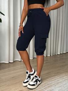 VaVaBold Women's Casual Solid Color Drawstring Waist Cargo Pants, Summer - Navy Blue - View 5