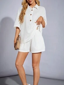 SHEIN Tall 白色編織女式休閒舒適家居襯衫領短袖上衣和高腰短褲套裝 - 白色 - 查看 3