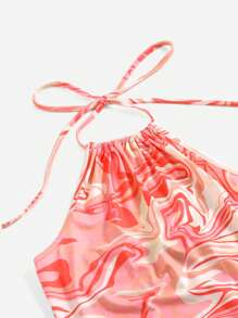 SHEIN ICON 90s Marble Print Ruched Halter Dress - Coral Pink - View 3