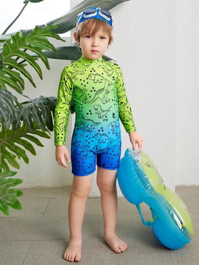 2 Pcs Young Boys Gradient Dinosaur Graphic Swimsuit With Cap,Casual Sporty Fashionable Comfortable Summer Beach Swimwear,Suitable For Spring & Summer