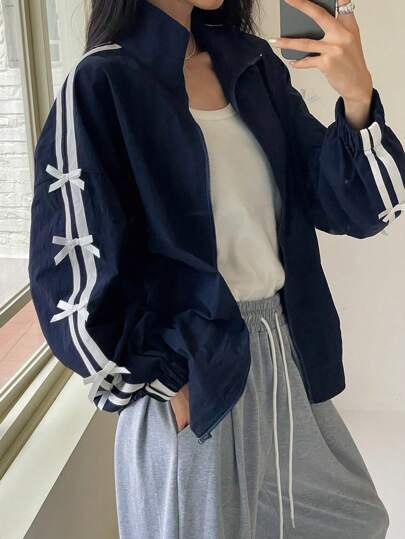 DAZY 新款秋季返校休闲立领蝴蝶结装饰女士常规夹克女式外套