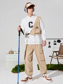 SHEIN 2pcs Teen Boys' Casual Khaki Vest With Multi-Pockets And White Hooded Printed Sweatshirt With Thermal Lined , Plus Khaki Jogger Cargo Pants. Suitable For Fall, Winter, Sports, Camping, Hiking, Daily Wear - Multicolor - View 8