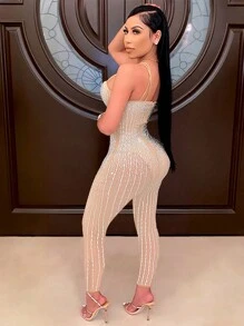 S390250 Sexy Rhinestone Strap Jumpsuit For Women - Apricot - View 2