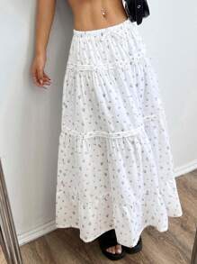 SHEIN EZwear 碎花抽绳荷叶边下摆女式半身裙