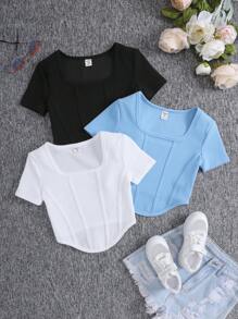 3 件装 Tween 女童时尚甜心针织纯色方领休闲短袖 T 恤，夏季 T 恤