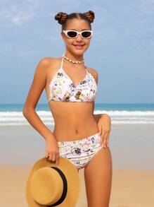青少年女孩比基尼套装，花卉印花 2 件比基尼套装，分开，蕾丝边饰，时尚，优雅精致，适合游泳、度假和夏季海滩 - 彩色 - 查看 3