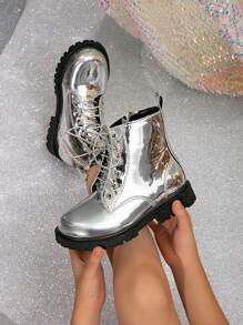 1 双时尚金属镜面条侧拉链摩托车短靴 - 銀色 - 查看 4