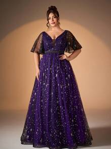 大码女式正式派对礼服，V 领，亮片刺绣，撞色，双层网眼喇叭裙 - 紫色 - 查看 6