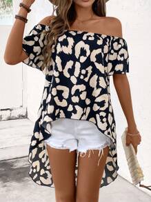 SHEIN LUNE Camisa de mujer de hombros descubiertos con estampado de leopardo, top con bajo asimétrico y alto bajo para mujer