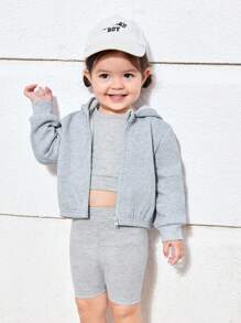 SHEIN 3pcs/Set Baby Girls Casual Simple Fashion Solid Color Sleeveless Top, Shorts And Hooded Jacket, Thick Thermal Lined, Autumn/Winter - Green - View 4