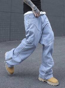 Manfinity EMRG Pantalones vaqueros holgados, informales y amplios con cremallera lateral y abertura de pierna ancha para hombre. Pantalones vaqueros anchos y lavados de color azul claro, ideales como regalo para el esposo o novio