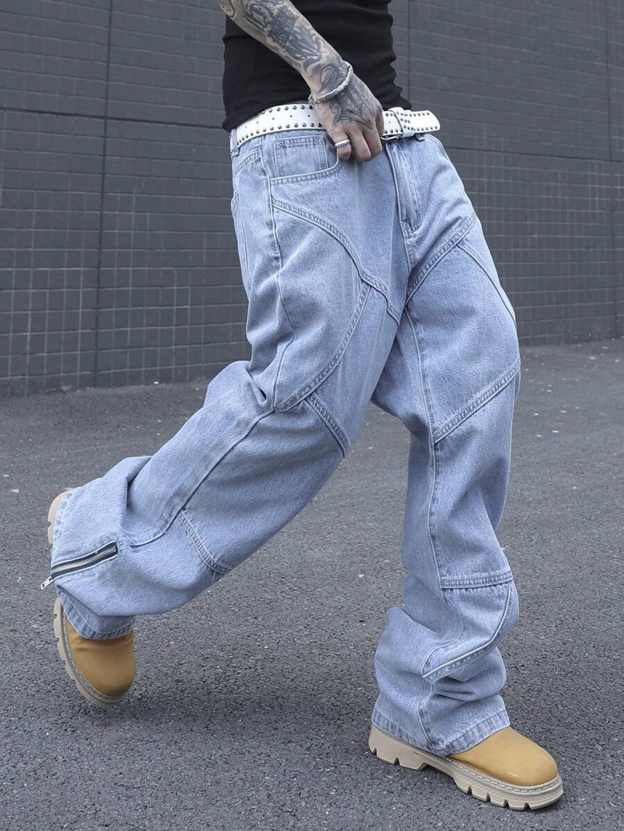 Manfinity EMRG Pantalones vaqueros holgados, informales y amplios con cremallera lateral y abertura de pierna ancha para hombre. Pantalones vaqueros anchos y lavados de color azul claro, ideales como regalo para el esposo o novio