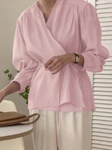 DAZY Women's Spring & Autumn Casual Solid Color Wrap Belted Shirt Long Sleeve Top - Pink - View 3