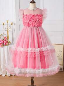 青少女純色圓領網紗拼接連衣裙，可愛蛋糕裙，優雅美麗高檔公主裙，適用於夏季 - 粉色 - 查看 6