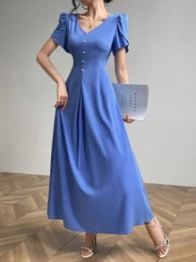 Mulvari 女士优雅纯色泡泡袖长裙，夏季 - 藍色 - 查看 4