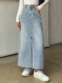 DAZY 女士纯色牛仔裙，带口袋，开衩至大腿 - 淺色水洗藍 - 查看 4