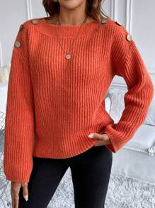 Chiquease Casual Orange Shoulder Button Decorated Sweater, Autumn/Winter Knit Pullover Fall Outfit
