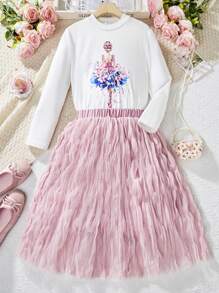 SHEIN Tween Girls Round Neck Long Sleeve Top With Character Print And Solid Flared Skirt Set, 2pcs - Pink - View 1