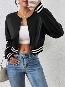 Chiquease Women's Spring & Autumn Faux PU Short Threaded Hem Zipper Casual Baseball Jacket