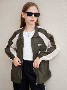 SHEIN Tween Girl Loose Casual Comfortable Military Green Color Blocking Shoulder Patch Fashion Collared Long Sleeve Jacket - Army Green - View 5