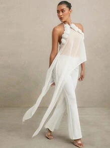 SHEIN Unity Áo 3D Viền Hoa Hem Bất Đối Xứng Dài Cami Top - trắng - Xem 1