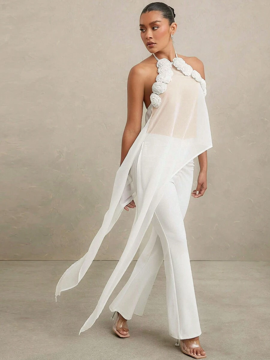 SHEIN Unity Áo 3D Viền Hoa Hem Bất Đối Xứng Dài Cami Top - trắng - Xem 1