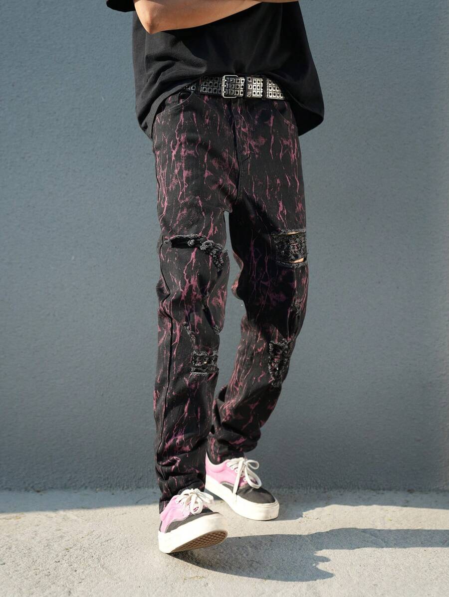 Manfinity Roghcode Men's Tie-Dye Ripped Straight-Leg Casual Jeans - Multicolor - View 1