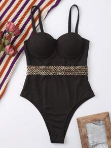 SHEIN Swim Summer Beach Contrast Tape Push Up One Piece Swimsuit