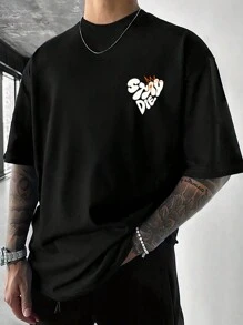 Manfinity EMRG 粉色男士街頭短袖T恤，火焰心形星星圖案，適合春夏季日常穿著 - 黑色 - 查看 2