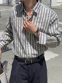 DAZY 男式寬鬆條紋長袖休閒襯衫，秋季款 - 藍色 - 查看 8