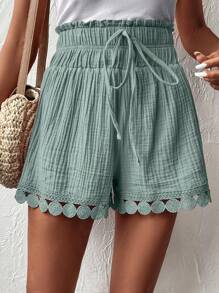SHEIN VCAY Ladies' Solid Color Simple Daily Wear Drawstring Shorts - Green - View 4
